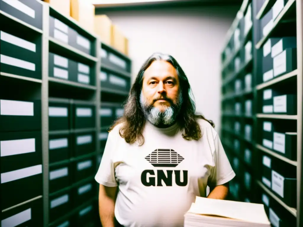 Richard Stallman, fundador del movimiento del software libre, rodeado de tecnología antigua, con determinación y enfoque en la pantalla