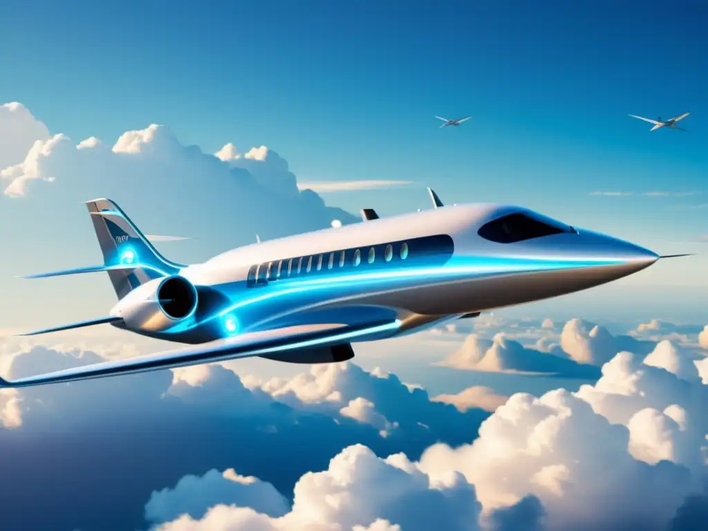 Avión eléctrico futurista surcando cielos azules