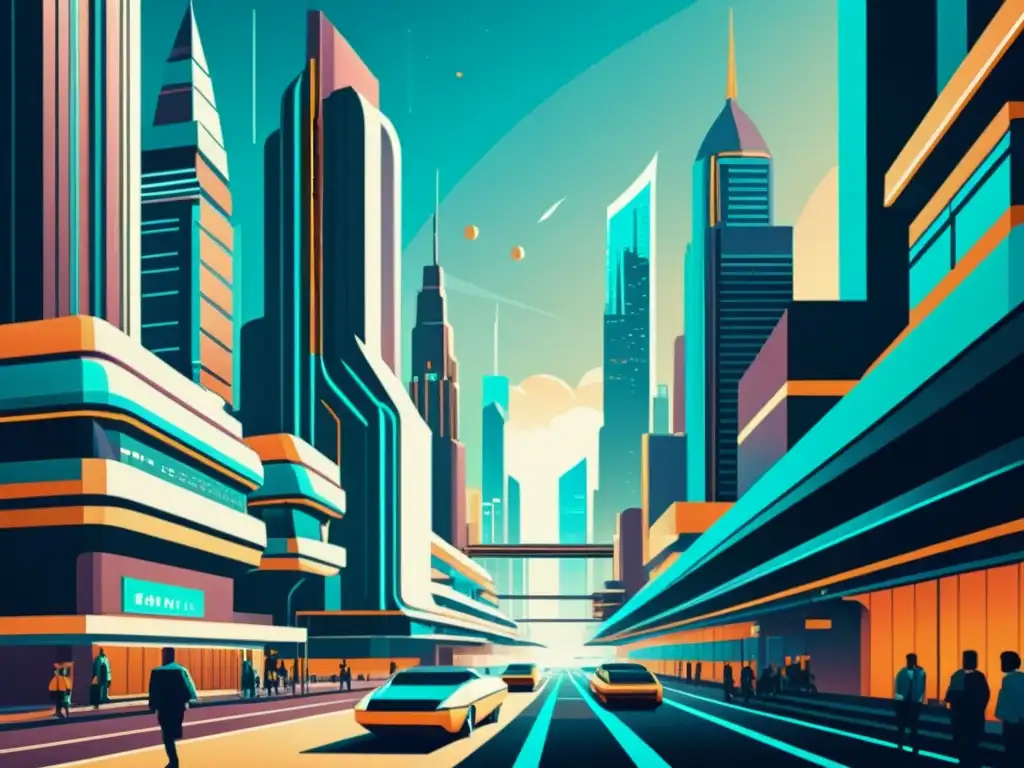 Una ilustración vintage de una futurista ciudad con computación cuántica e IA integradas, evocando un impacto tecnológico en el futuro urbano