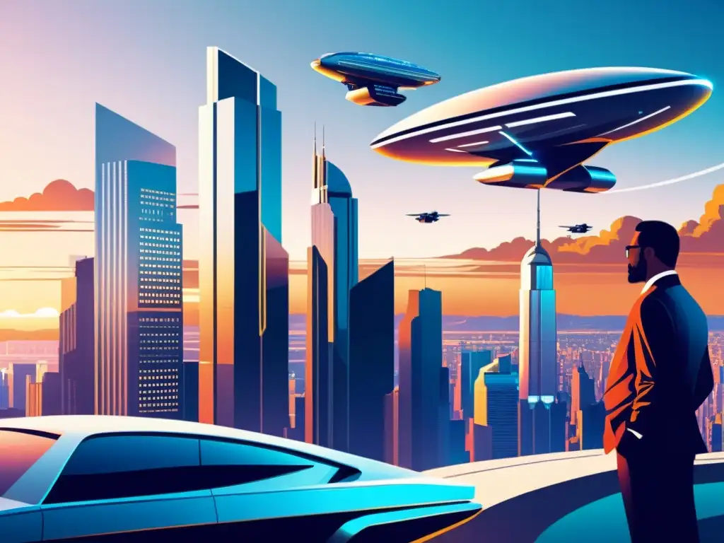 Una ilustración vintage de una futurista ciudad con rascacielos metálicos contra un atardecer