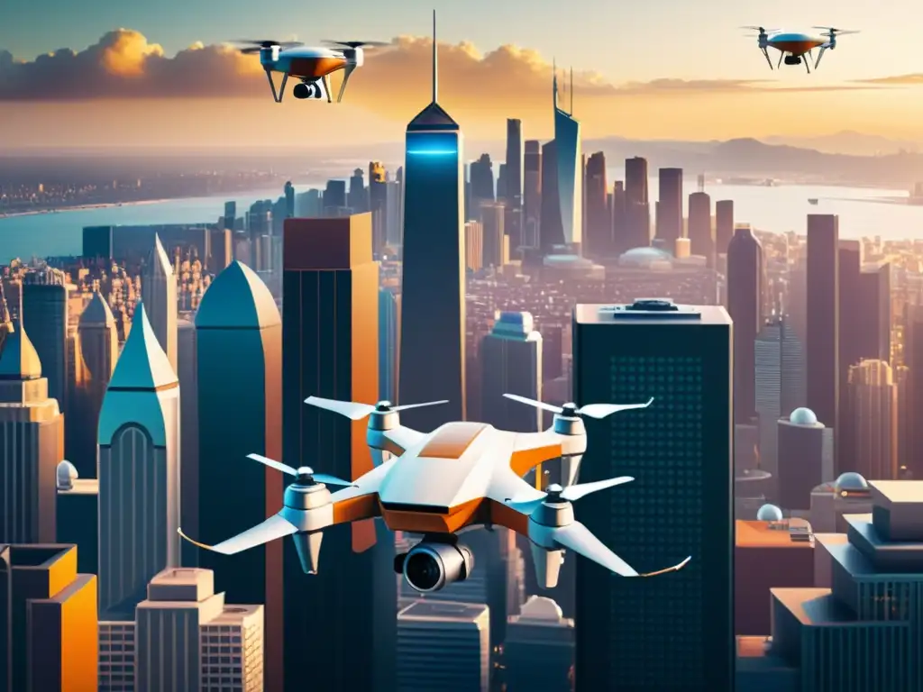 Cityscape futurista con drones de seguros AI integrados en la arquitectura, fusionando tradición y vanguardia en seguros