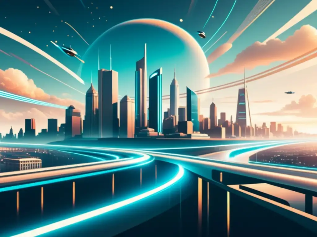 Una ilustración vintage muestra un futurista skyline urbano con superconductores, evocando el potencial revolucionario de superconductores