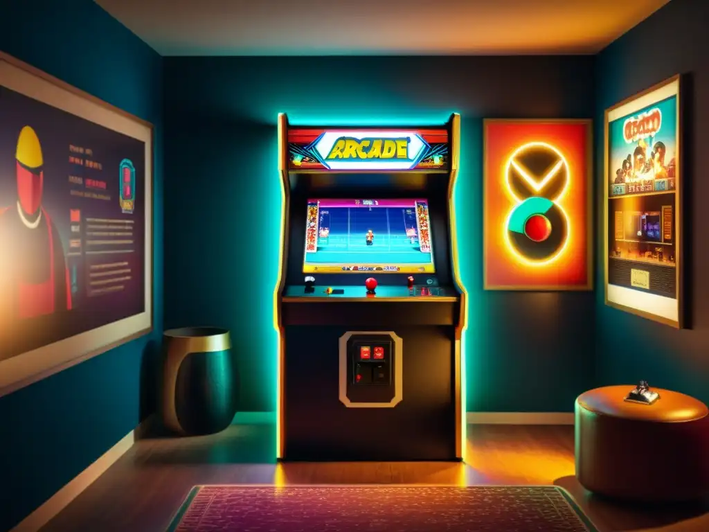 Un gabinete de arcade vintage iluminado por la pantalla, con gente disfrutando de juegos retro