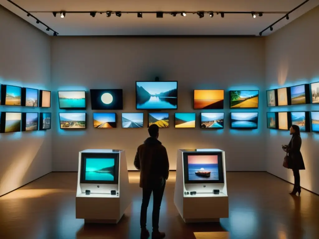 Una galería de arte vintage llena de gente admirando arte digital en monitores antiguos, destacando el impacto de los NFTs en la cultura contemporánea