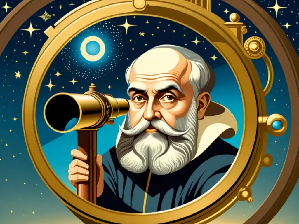 Galileo Galilei observa el cosmos a través de su telescopio, resaltando la importancia del telescopio de Galileo en la historia de la ciencia