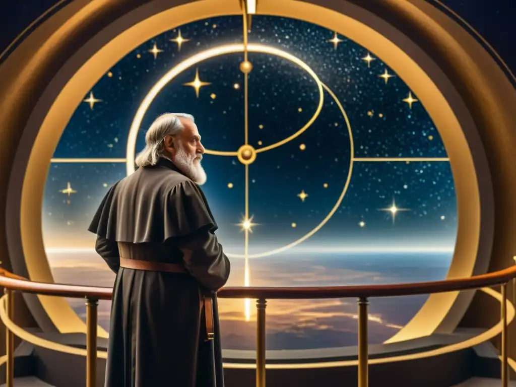 Galileo Galilei hace descubrimientos de física en un observatorio, observando el cosmos a través de un telescopio