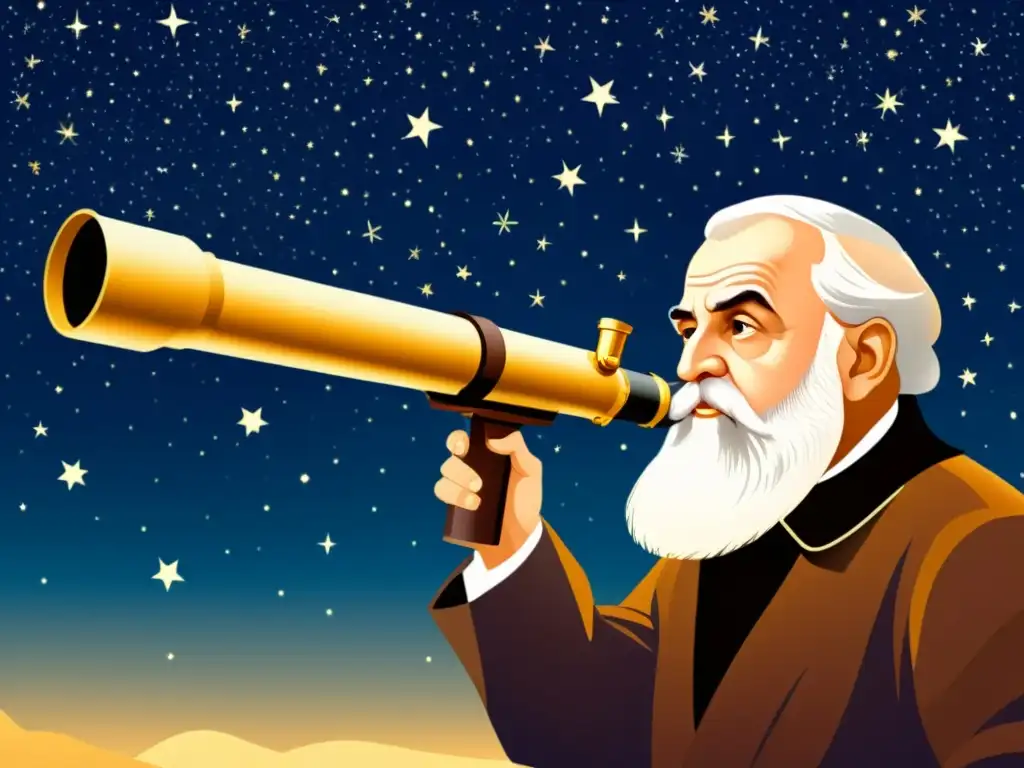 Galileo Galilei maravillado observa a través del telescopio el expansivo horizonte del universo estrellado