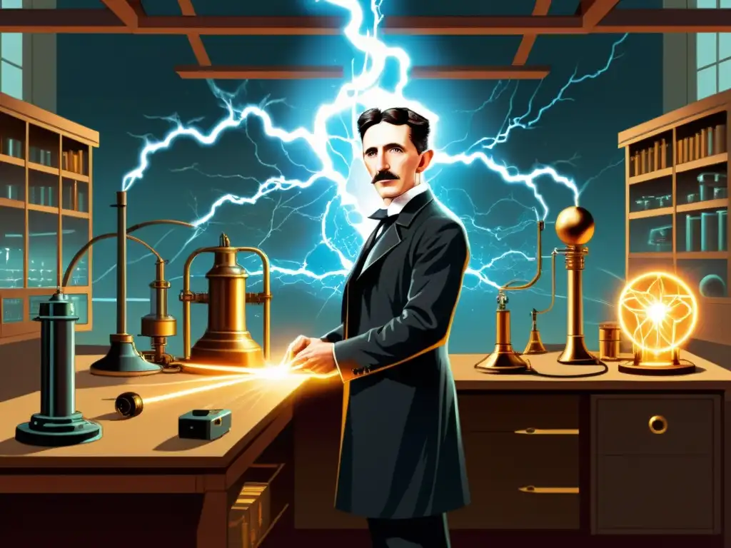 El genio Nikola Tesla en su laboratorio rodeado de equipos eléctricos, con chispas de electricidad entre ellos