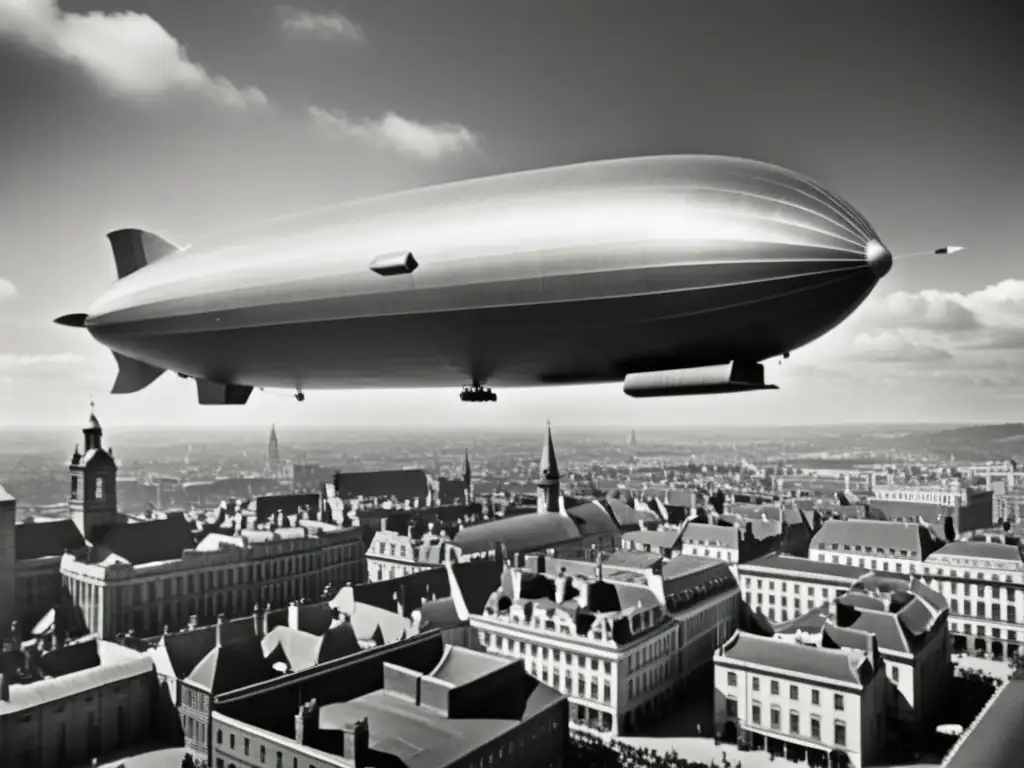 Un gigantesco dirigible flotando en el cielo sobre una animada ciudad, evocando la Tragedia de los Zeppelines