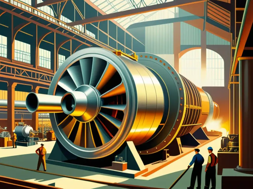 Una ilustración vintage de una gran turbina de vapor en una bulliciosa central eléctrica industrial