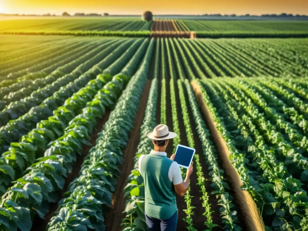 Un granjero en un campo verde, usando tecnología de agricultura de precisión para monitorear sus cultivos