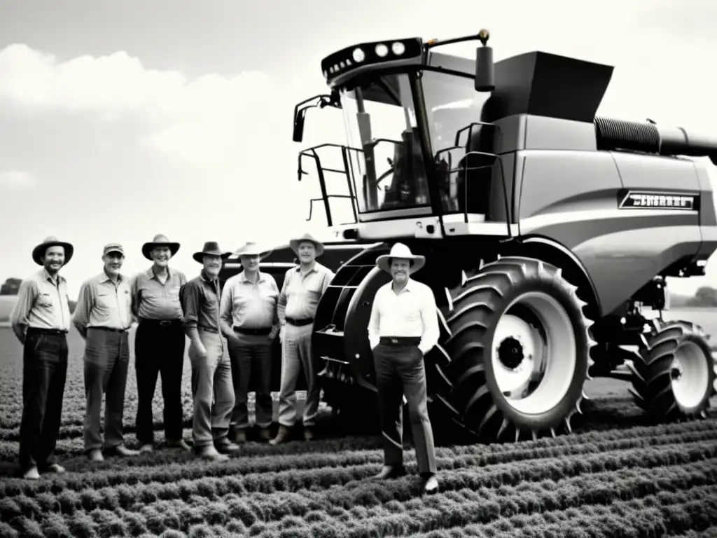 Un grupo de agricultores posa orgullosamente junto a una moderna cosechadora, mostrando el desarrollo de la maquinaria agrícola moderna en blanco y negro