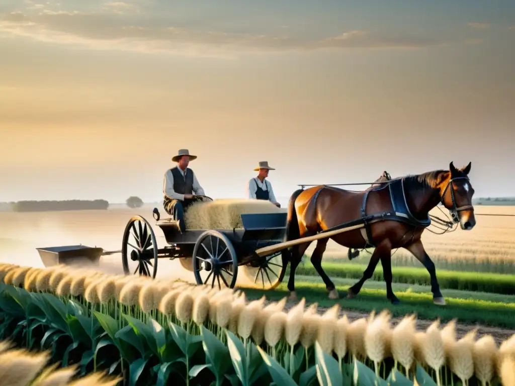 Grupo de agricultores operando máquinas segadoras de principios del siglo XX en un campo de trigo bañado por el sol