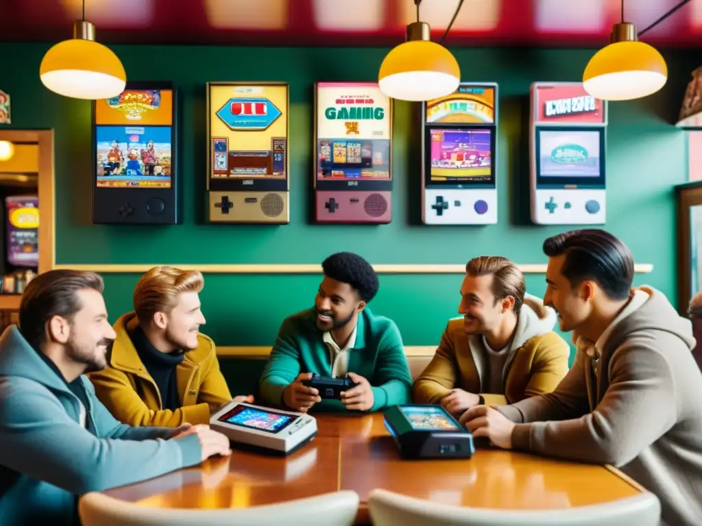 Un grupo de amigos disfruta de consolas portátiles redefiniendo gaming en un café vintage con posters de juegos retro y máquinas arcade