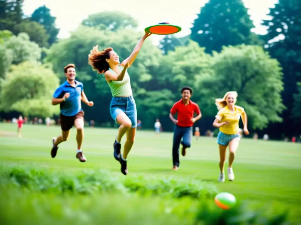 Un grupo de amigos disfruta de un día soleado jugando frisbee en un parque