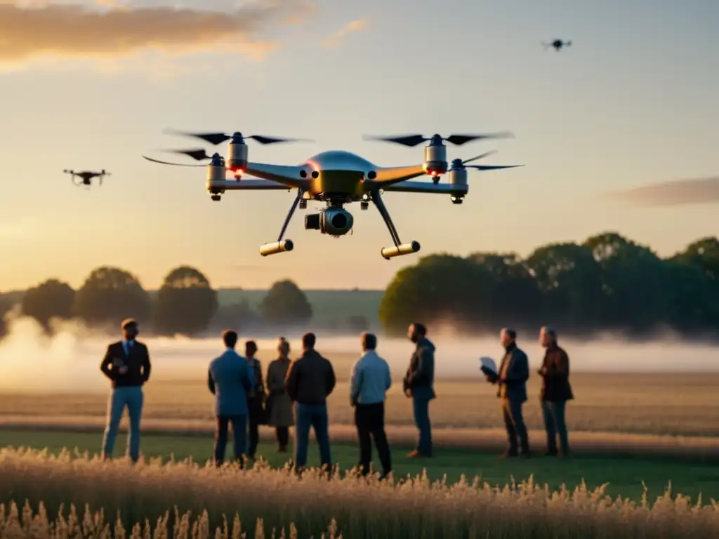 Dron vintage cautiva a multitud en campo Un grupo mira asombrado un dron vintage en un campo, entrelazando pasado y futuro con impacto drones sociedad moderna