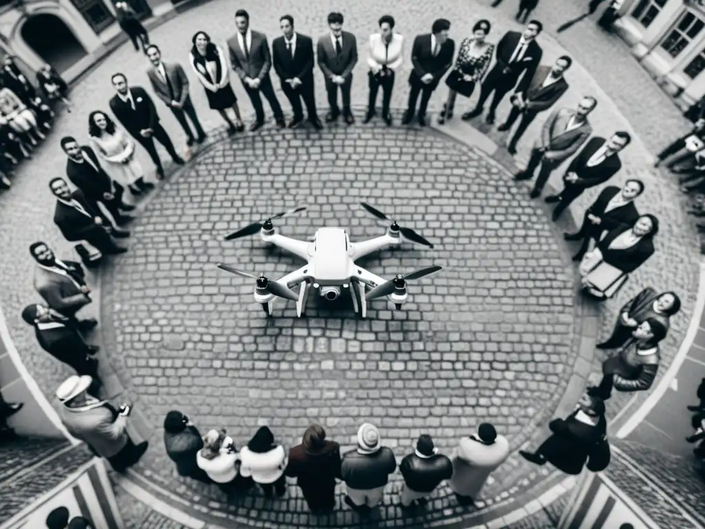 Maravilla urbana: personas observando un dron en la plaza Grupo asombrado en plaza histórica observa dron, evocando impacto drones sociedad moderna