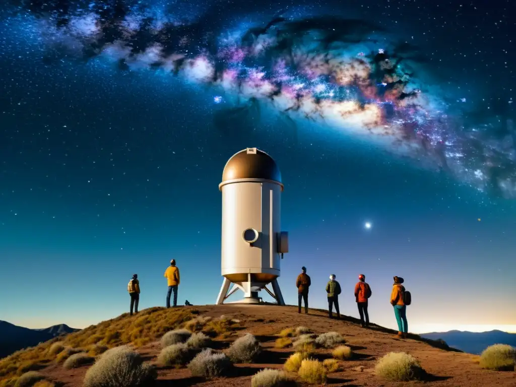 Un grupo de astrónomos contempla con asombro a través de un telescopio vintage en una noche estrellada, buscando nuevos mundos y descubrimientos exoplanetas