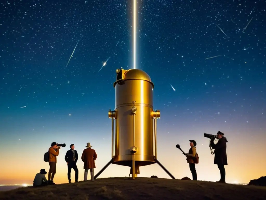 Un grupo de astrónomos se reúne alrededor de un telescopio vintage, admirando las constelaciones y galaxias en la noche