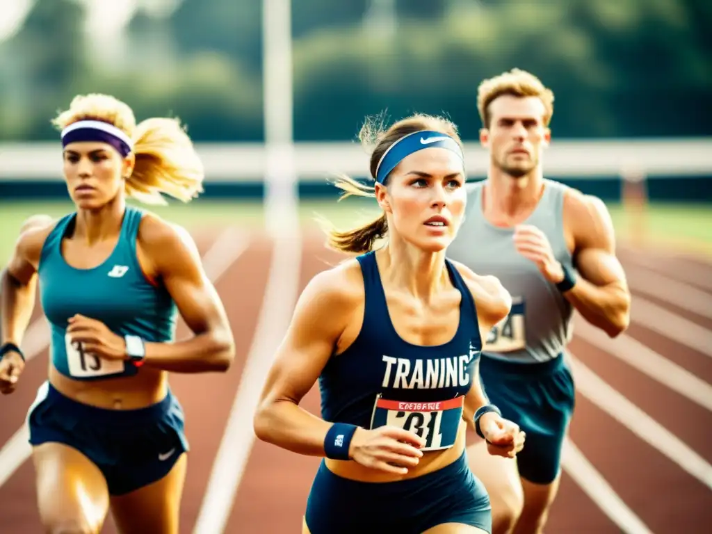 Grupo de atletas en intensa sesión de entrenamiento con tecnología wearables deporte análisis, evocando nostalgia y determinación en pista