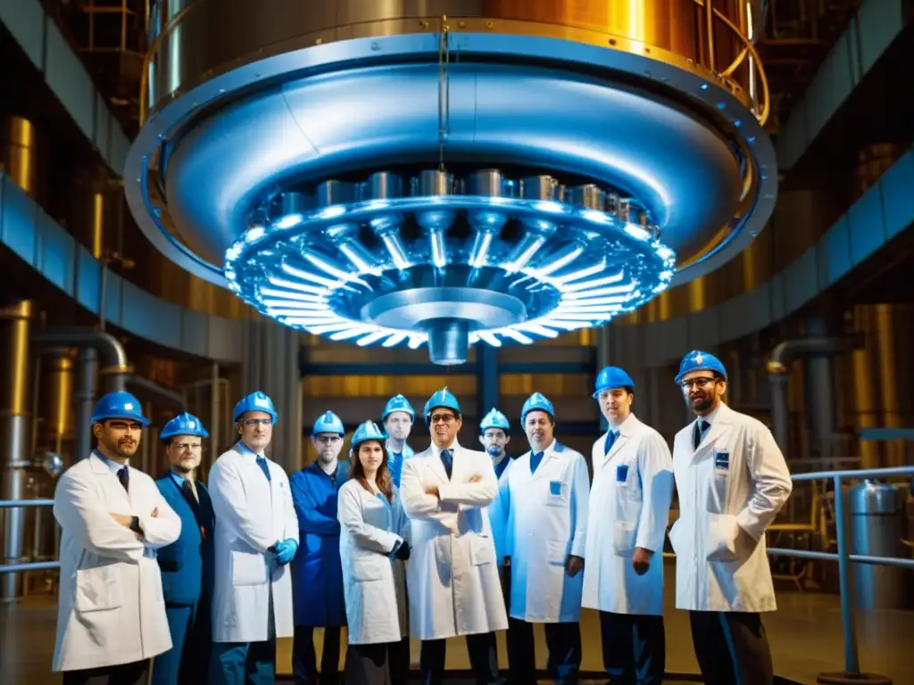 Grupo de científicos y ingenieros discuten avance energía limpia fusión frente a reactor de fusión masivo y brillante en laboratorio futurista