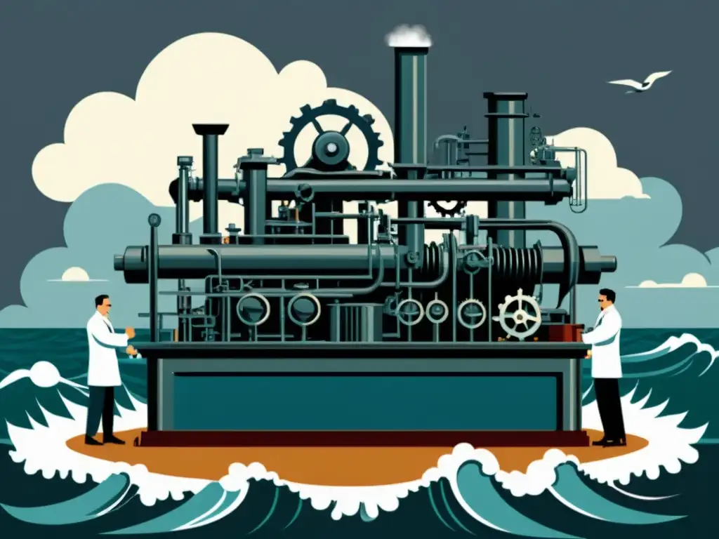 Un grupo de científicos y ingenieros manipula el clima en una escena vintage llena de intriga y controversia sobre la geoingeniería