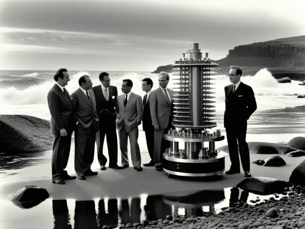 Grupo de científicos y ingenieros en la costa, observando con entusiasmo el desarrollo histórico energía undimotriz