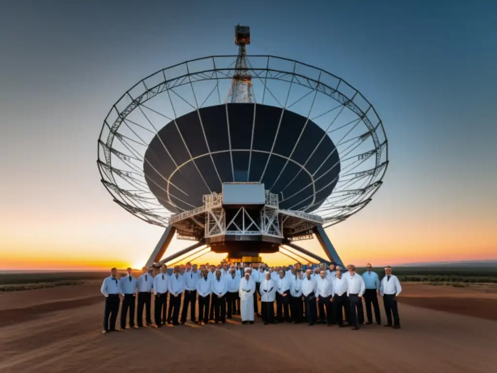 Un grupo de científicos y ingenieros celebran frente al imponente Radiotelescopio al atardecer, evocando la historia y descubrimientos en el espacio