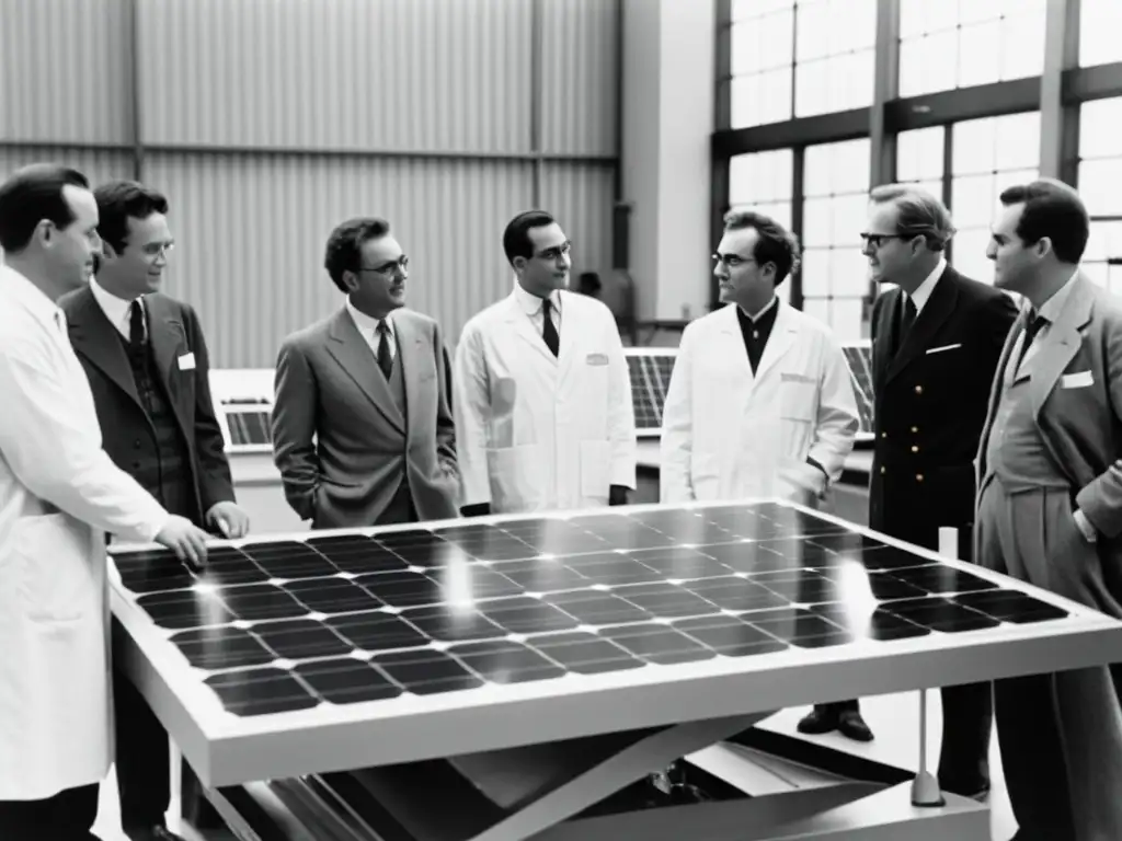 Grupo de científicos y ingenieros en un laboratorio discutiendo avances en energías renovables historia con un prototipo de panel solar vintage