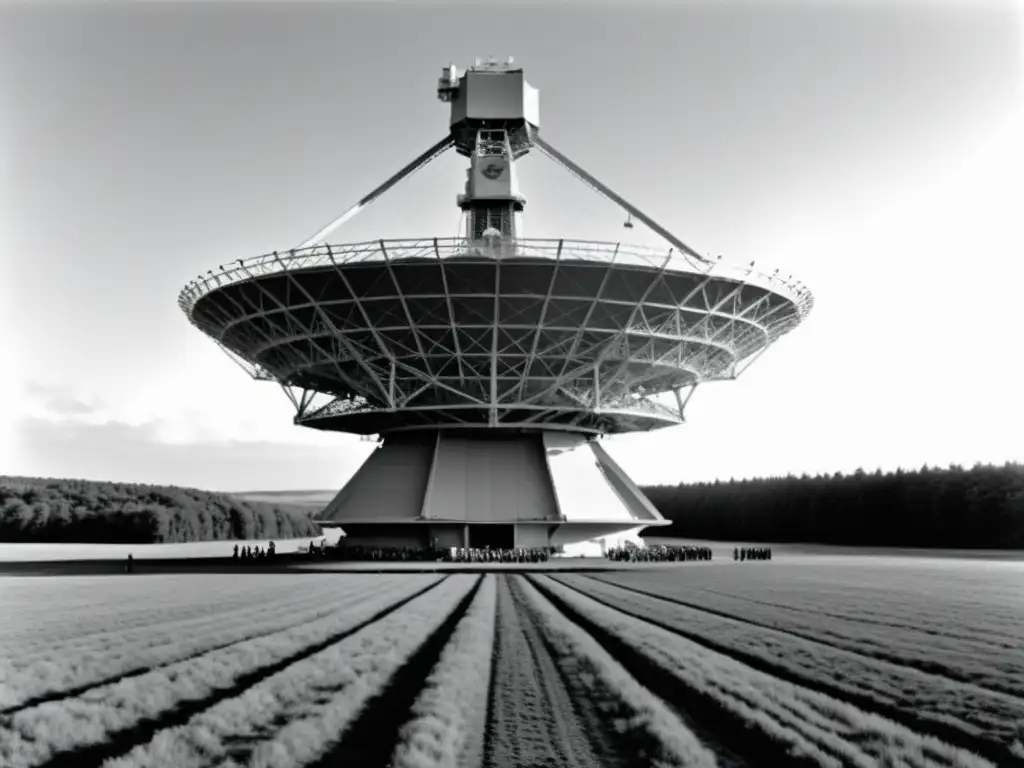 Grupo de científicos y ingenieros ajustando un radiotelescopio vintage en un campo abierto, evocando la importancia de los radiotelescopios en historia