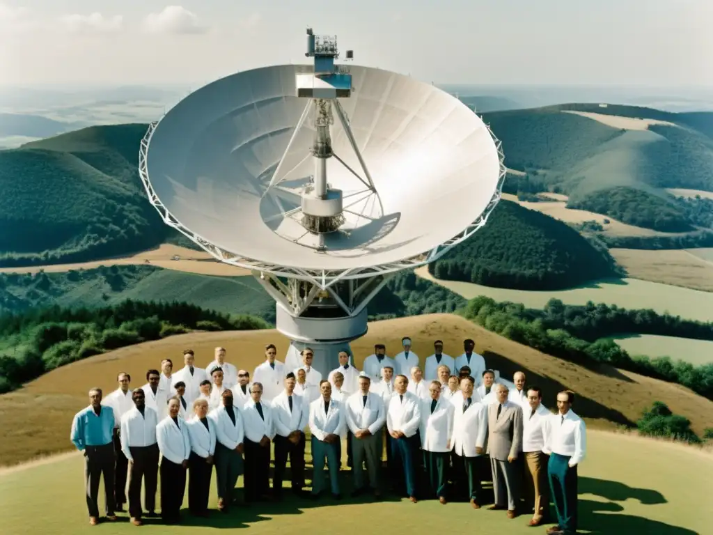 Grupo de científicos y ingenieros observando un radiotelescopio vintage en colinas, resaltando la importancia de los radiotelescopios en historia