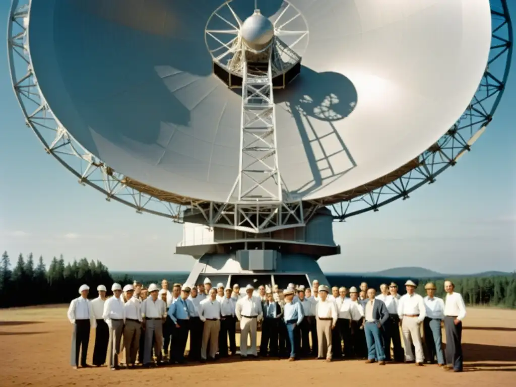 Un grupo de científicos y ingenieros rodea un radiotelescopio, discutiendo y tomando notas