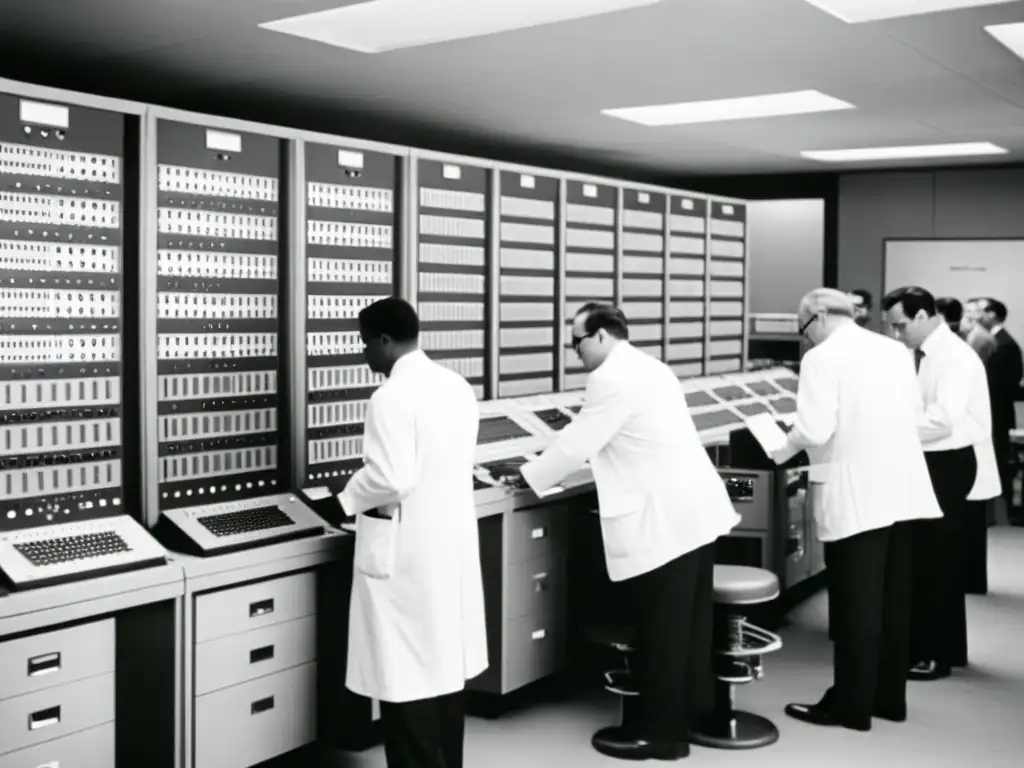 Grupo de científicos y ingenieros en sala llena de tecnología retro, reflejando el impacto de la carrera espacial en computación