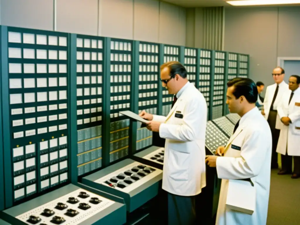 Grupo de científicos y ingenieros trabajando en tecnología puntera, con impacto de la carrera espacial en computación