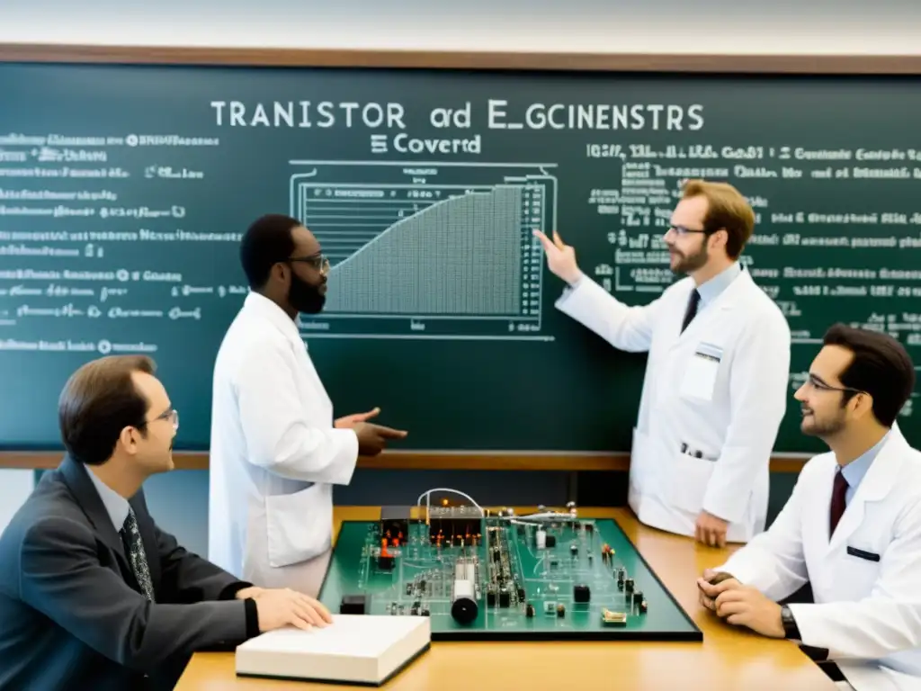 Grupo de científicos e ingenieros colaborando en la innovación del transistor en tecnología, rodeados de componentes electrónicos y equipamiento científico vintage