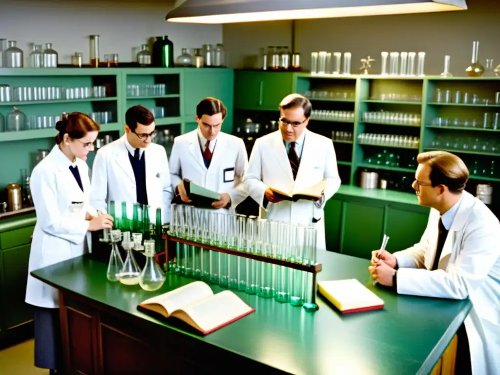 Grupo de científicos en laboratorio antiguo, discutiendo descubrimientos