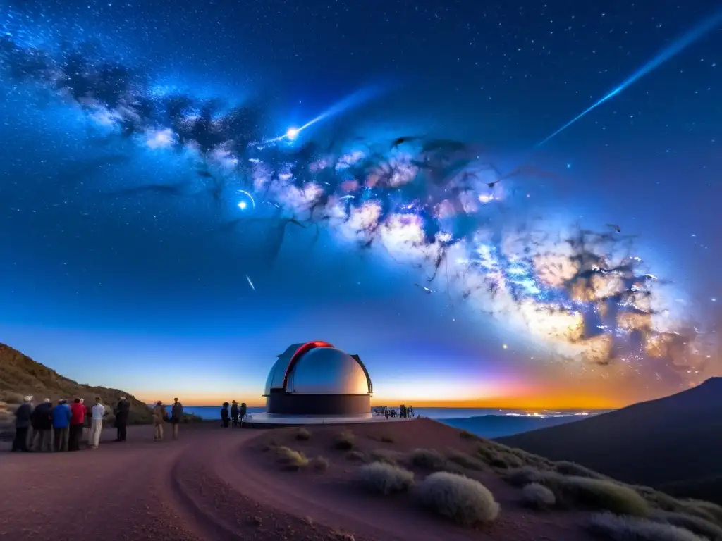 Grupo de científicos maravillados observando el origen misterioso de los rayos cósmicos a través de un telescopio en la noche estrellada