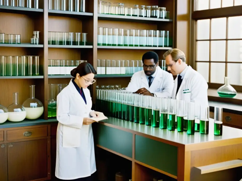 Un grupo de científicos y médicos en un laboratorio antiguo, trabajando intensamente entre probetas y equipo científico