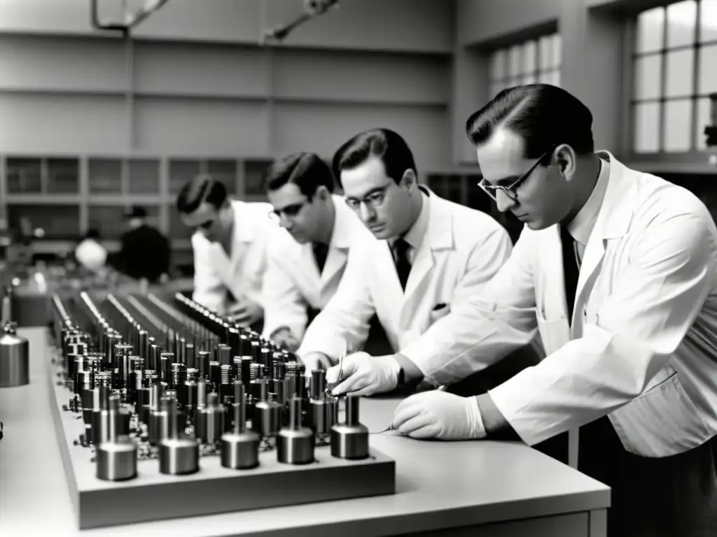 Un grupo de científicos examina un prototipo de transistor en un laboratorio vintage