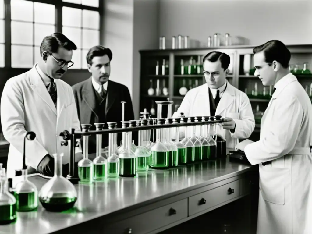 Grupo de científicos del siglo XX en un laboratorio, realizando experimentos con materiales vegetales