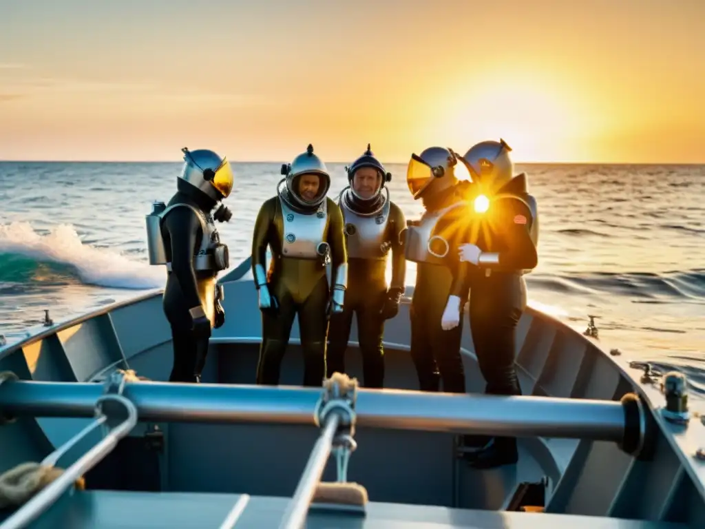 Grupo de científicos en trajes de buceo vintage preparando tecnologías para limpiar océanos al atardecer en un barco