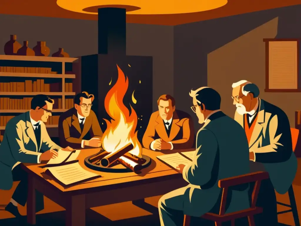 Descubrimientos científicos en la era del fuego Grupo de científicos en una ilustración vintage, realizando experimentos junto al fuego, reflejando el impacto del fuego en la ciencia