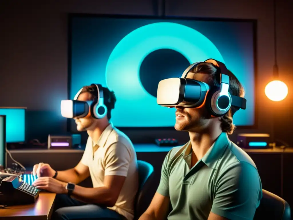 Grupo de desarrolladores de software para realidad virtual con headsets retro, inmersos en su trabajo en una sala iluminada por pantallas antiguas y decorada con posters de tecnología futurista vintage