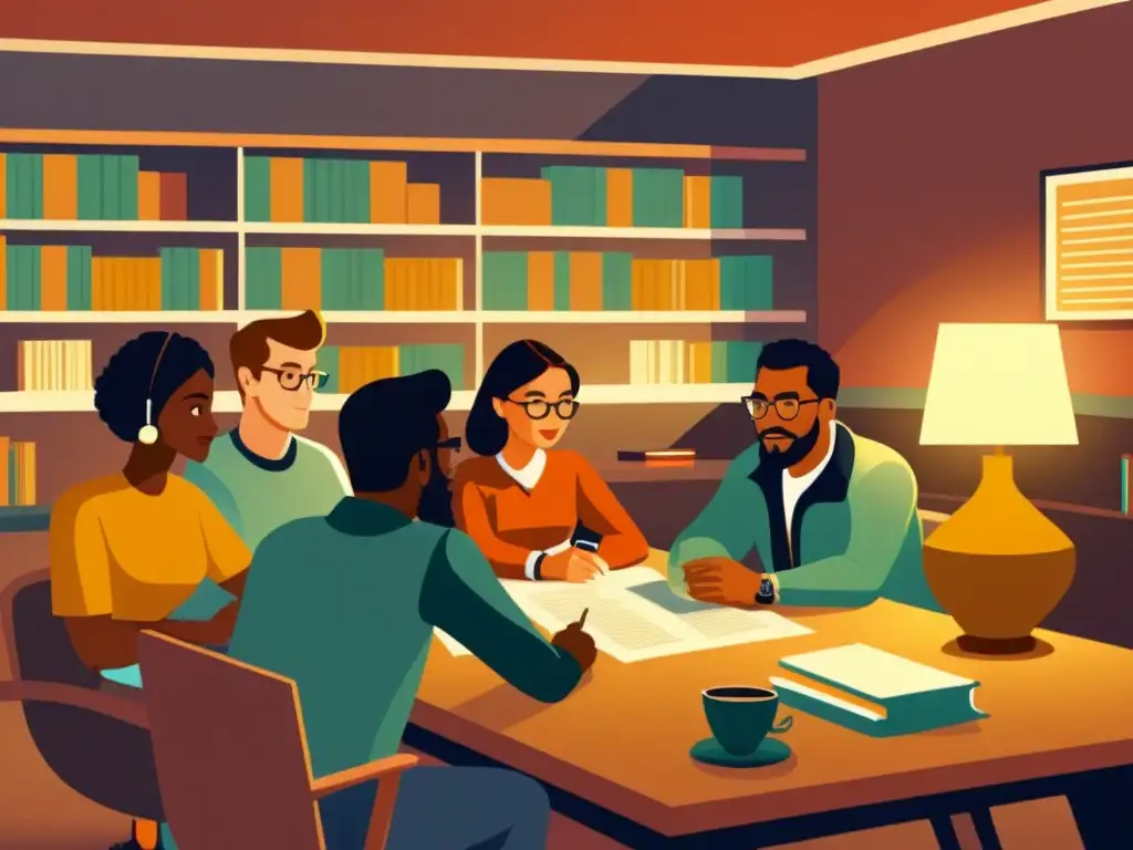 Emprendedores tecnológicos en una reunión vintage Un grupo diverso de emprendedores tecnológicos discuten estrategias de capital riesgo en una acogedora oficina vintage