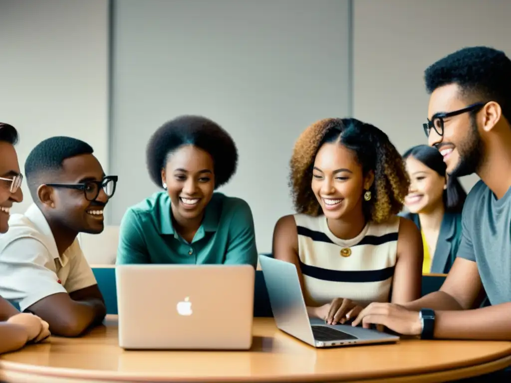 Grupo diverso de estudiantes participando en un animado debate en foros educativos online, fomentando la comunidad y el aprendizaje colaborativo