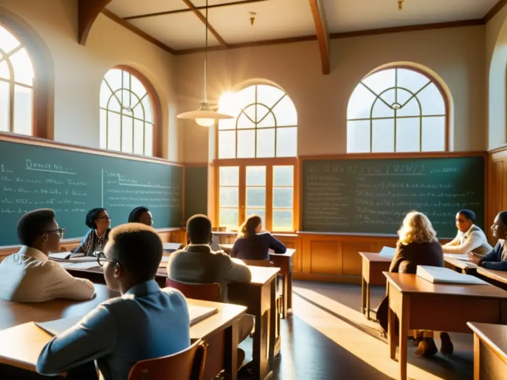 Grupo diverso de estudiantes escuchan con atención a un apasionado conferencista en un aula vintage con pizarrón lleno de ecuaciones y diagramas