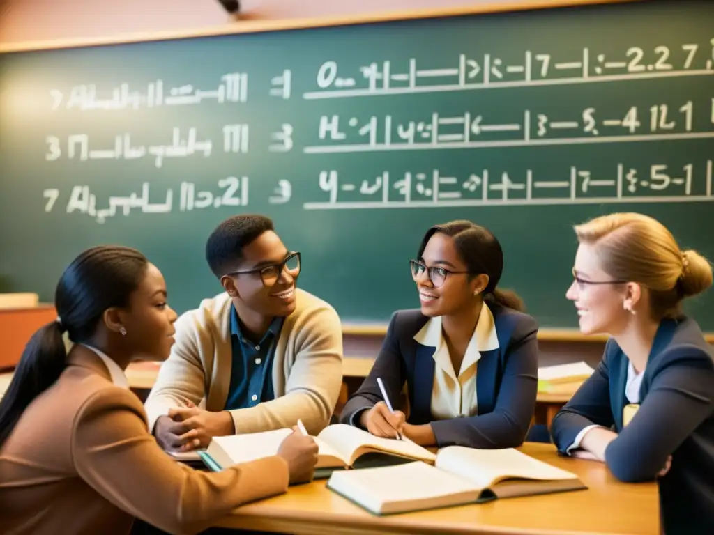 Grupo diverso de estudiantes debatiendo con entusiasmo, rodeados de libros y material educativo