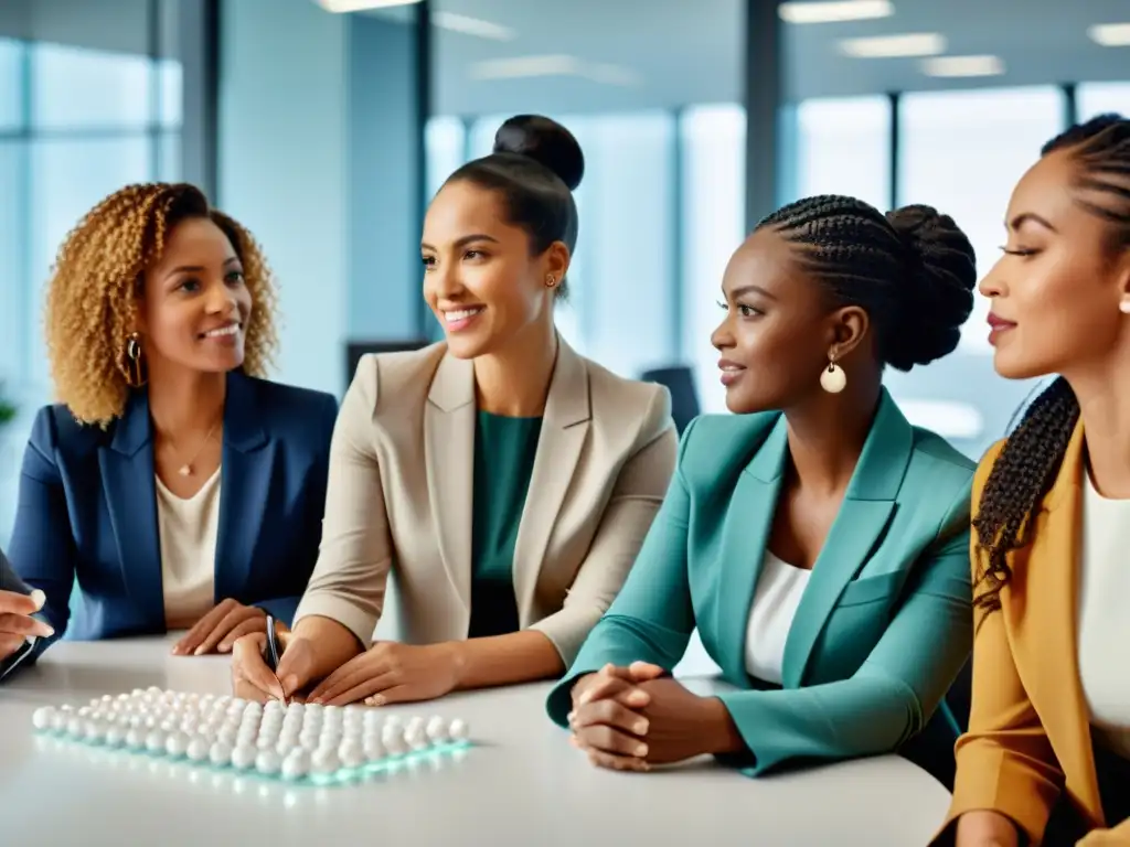 Un grupo diverso de mujeres profesionales en una oficina moderna, colaborando y resolviendo problemas, reflejando el efecto positivo de la píldora anticonceptiva en sus vidas laborales