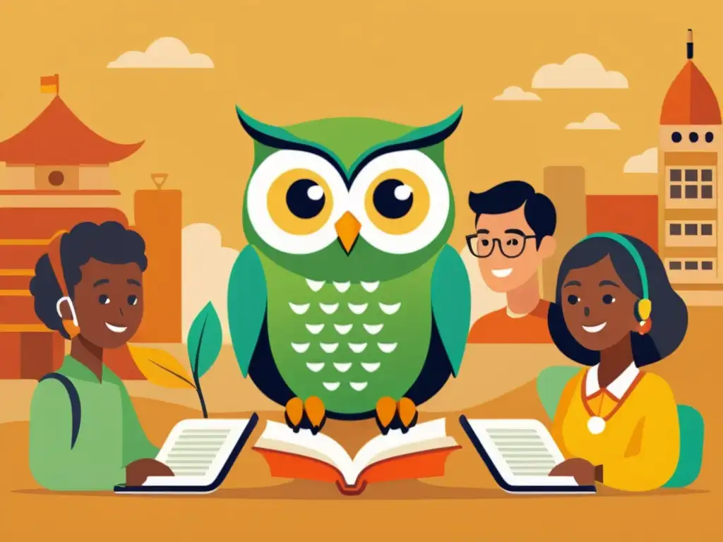 Un grupo diverso de personas se sumerge en el aprendizaje de idiomas, con la icónica mascota búho de Duolingo observando la escena