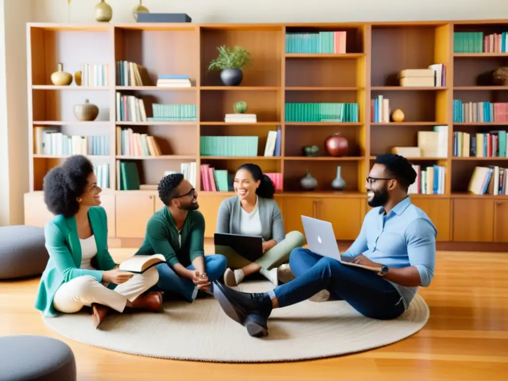 Un grupo diverso de personas colabora y comparte ideas en un ambiente acogedor, rodeado de libros y tecnología